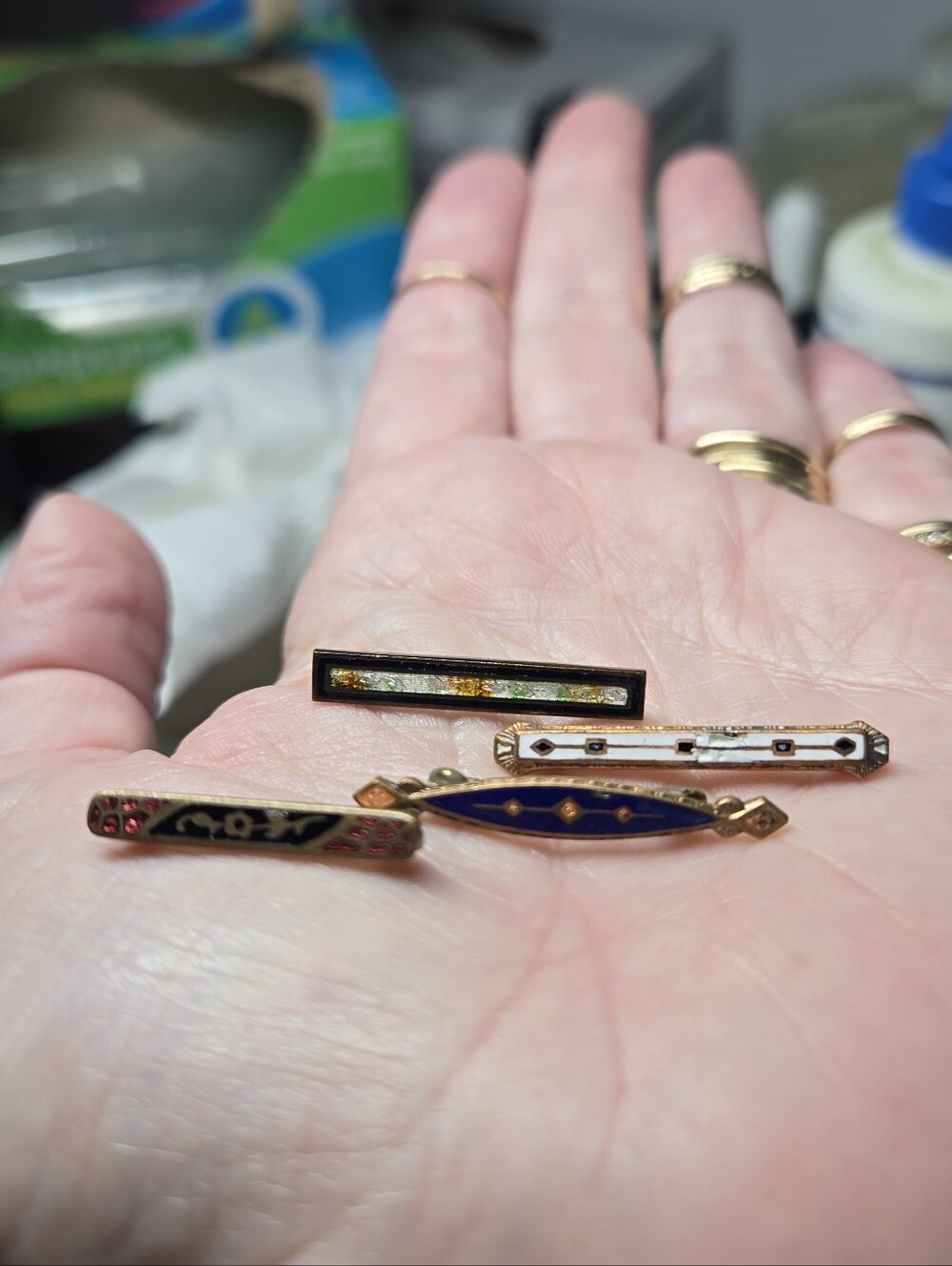 Victorian Gold-Tone Enamel Bar Brooches - Blue, Black, White, Multicolor